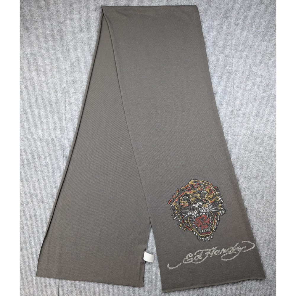 Ed Hardy Scarf Rectangle Bedazzle Jewels USA Logo Tiger Y2K Long Gray Streetwear